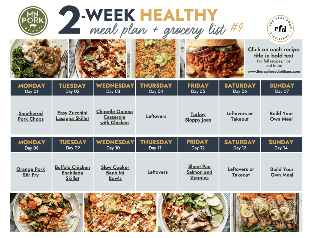 calendar showing two week meal plan